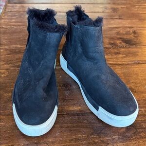 J Slides Black Suede Fur-Lined High-Top Sneakers